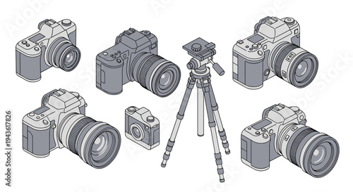 Collection of professional DSLR cameras and lenses with a tripod for photography equipment and gear concept.