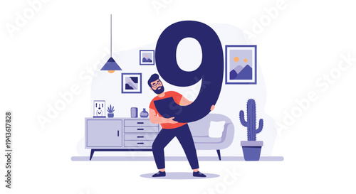 Strong man carrying a giant number nine in a modern living room setting for anniversary or numerical concept.
