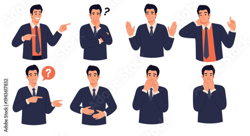 Collection of expressive character poses for a man in a professional outfit showing various emotions and hand gestures.