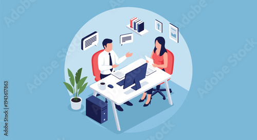 Professional man and woman having a business meeting at an office desk for collaboration and teamwork concept.