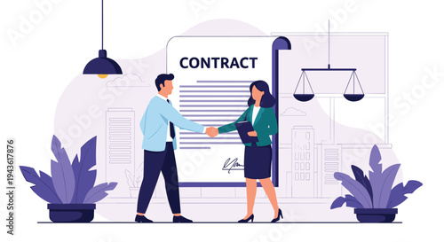 Businessman and businesswoman shaking hands after signing a contract for legal agreement and partnership concept.