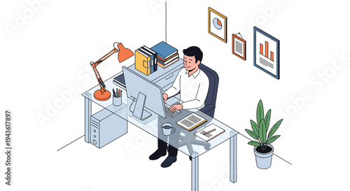 Man working diligently at his office desk with computer and books in an organized workspace for career productivity.