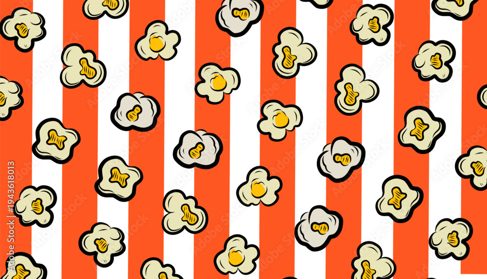 Fototapeta premium Popcorn Seamless Pattern. Handdrawn Snack Illustration. Buttery Kernel Shapes. Repeating Food Background. Packaging Textile Design.