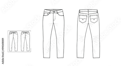 Front and back technical sketches of a classic pair of denim jeans for fashion design and apparel manufacturing.