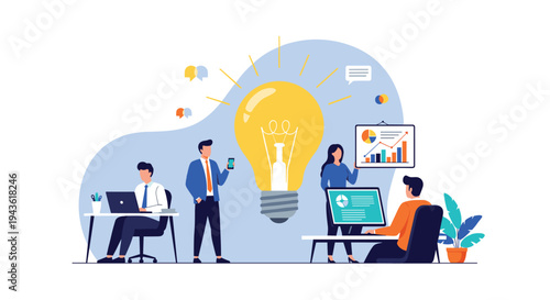 Creative team working together around a giant lightbulb to generate new business ideas and analyze data charts in a modern workspace.