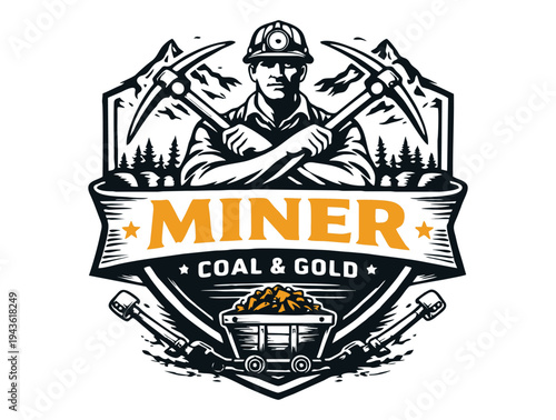 Determined miner with picks and coal cart, powerful industrial logo.