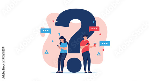 Man and woman standing back to back against a giant question mark while using their smartphones to search for answers or information online.