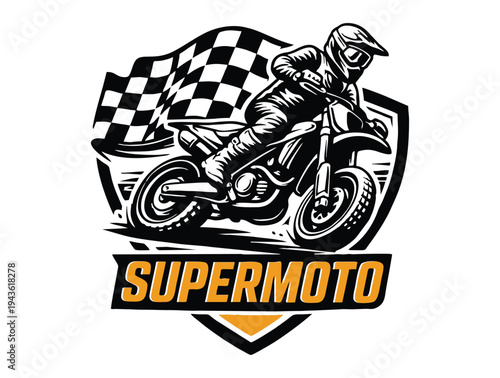 Action-packed supermoto rider racing with a checkered flag logo.