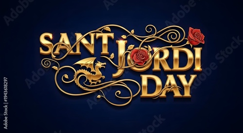 Sant jordi day celebration logo with dragon and rose in gold letters on dark blue background