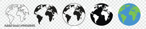 Earth globe illustration set, world map vector, continents silhouette design, geography art, planet icon, global motif, international symbol