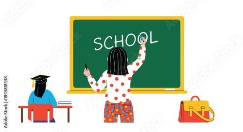 School teacher writing on a large green chalkboard while a student wearing a graduation cap sits at a desk in a classroom setting.