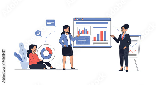 Team of three professional businesswomen presenting and analyzing financial data and charts on a large digital screen and flipchart.