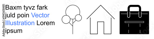 Sustainable living, real estate, eco-design, business resources, environmental awareness, workplace. Minimal tree, house and briefcase icons. Sustainable living and real estate concepts