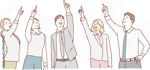 Business team illustration, professional people pointing upward, teamwork success vector, motivation design, corporate lifestyle art, aspiration symbol, group collaboration icon