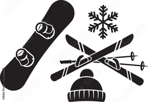 Winter Sports Equipment Snowboarding Skiing Accessories Icon Set