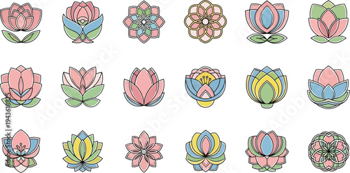 Colorful lotus flowers and mandalas in various styles and patterns pink