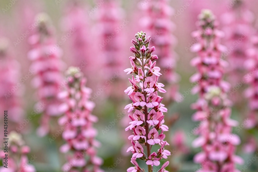 Obraz premium A field of pink flowers that are in the grass