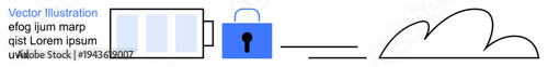 Data privacy, cloud storage, online security, encryption, digital safety, cybersecurity. Blue lock, upload symbol and cloud. Data privacy and cloud storage secure online systems