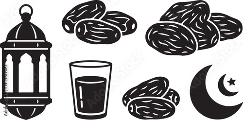 Ramadan Kareem illustration with dates and lantern on white