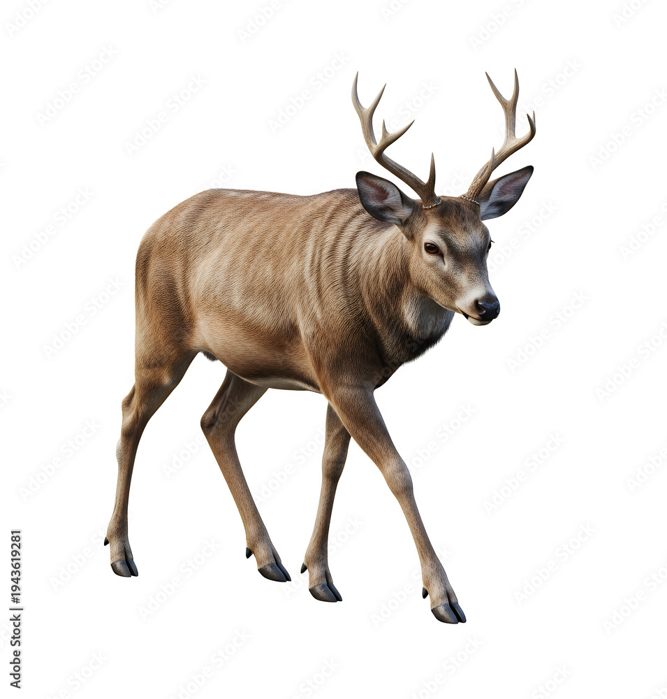 Obraz premium Deer walking forward slowly, natural motion pose, highly detailed hooves and fur, transparent background