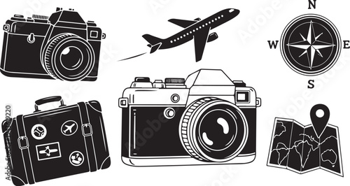 Travel and photography icons in black and white illustration