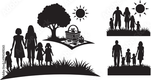 Family Silhouettes in Various Outdoor Settings with Children Playing