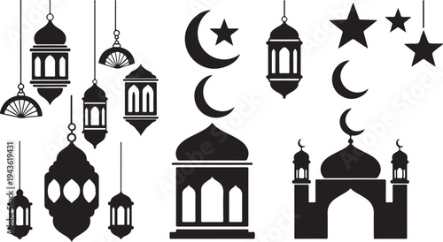 Ramadan Kareem Islamic Silhouette Lanterns and Mosque Icons Set