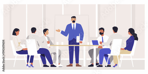 A business team meeting with a presenter at a conference table