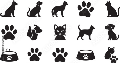 Black silhouettes of cats and dogs on white background