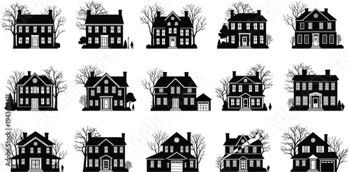 Black House Silhouettes Set with Bare Trees and Winter Scenes, Vector Illustration of Traditional Suburban Homes, Residential Buildings Collection for Icons and Architectural Design Elements
