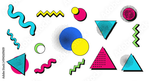 Colorful geometric shapes and symbols.