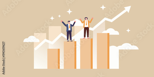 Celebrating success two people atop a rising graph with bar charts