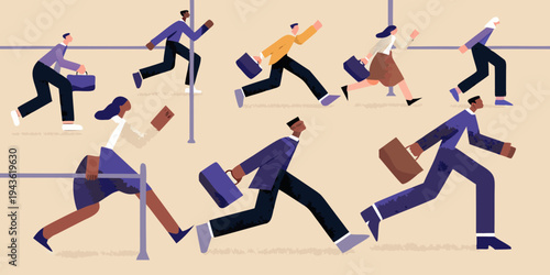 Diverse group of business professionals urgently rushing forward in a race