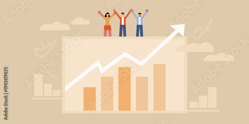 Three people celebrating success atop a growing graph with upward trend