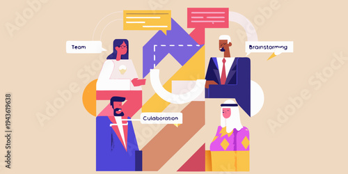 Diverse team collaborates and brainstorms ideas with speech bubbles