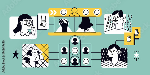 Illustration depicts a virtual meeting with diverse participants and screen sharing