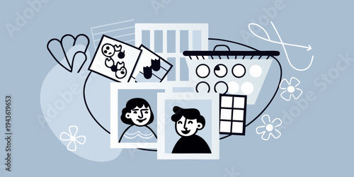 Illustrative scene featuring photographs hearts and floral elements in monochrome