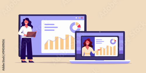 Woman presenting data analysis and reports on multiple digital devices