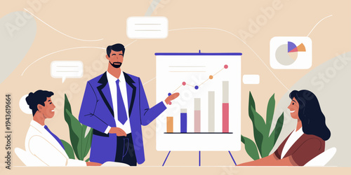 A business professional presents data analysis to a small team in a meeting