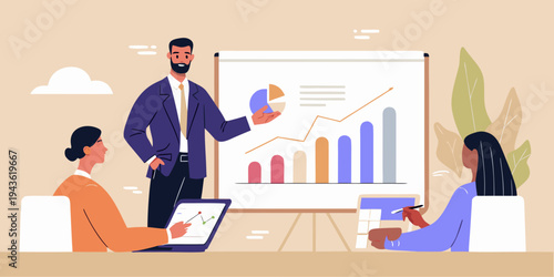 Business team presenting data analysis and growth strategies in a meeting