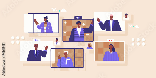 Diverse people connecting in a virtual meeting through computer screens