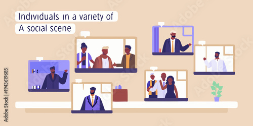 Diverse people connecting through virtual communication windows in a social setting