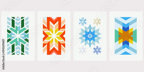 Four colorful geometric patterns displayed vertically in rectangular frames