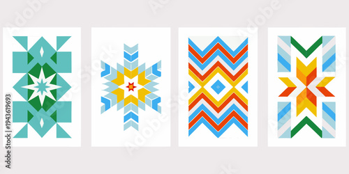 Four colorful geometric patterns arranged vertically in rectangular frames