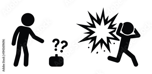 Security safety icon set. Left: stickman finding unattended suspicious bag. Right: stickman running in panic from explosion. Emergency warning symbols for threat response training.