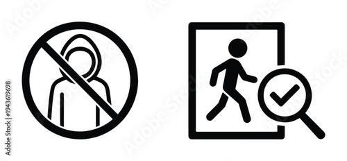 Security icon set. Crossed out hooded figure for no anonymity prohibition. Stickman in frame with magnifying glass and check mark for identity verification and screening approval. Vector safety symbol