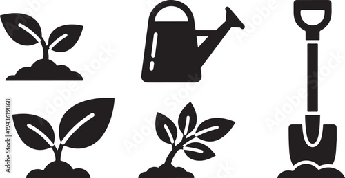 Gardening tools and plants icons in black and white