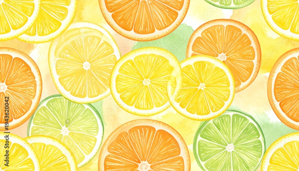 Fototapeta premium Vibrant Watercolor Citrus Slices Pattern - Fresh Lemons, Limes, and Oranges Background