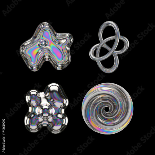 Holographic Chrome Abstract Liquid Form, Modern Y2K Metallic Design Element for Posters and Digital Graphics