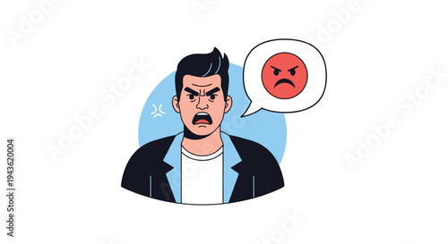 Angry man with frustrated expression and red face emoji in speech bubble representing rage conflict and negative emotions.